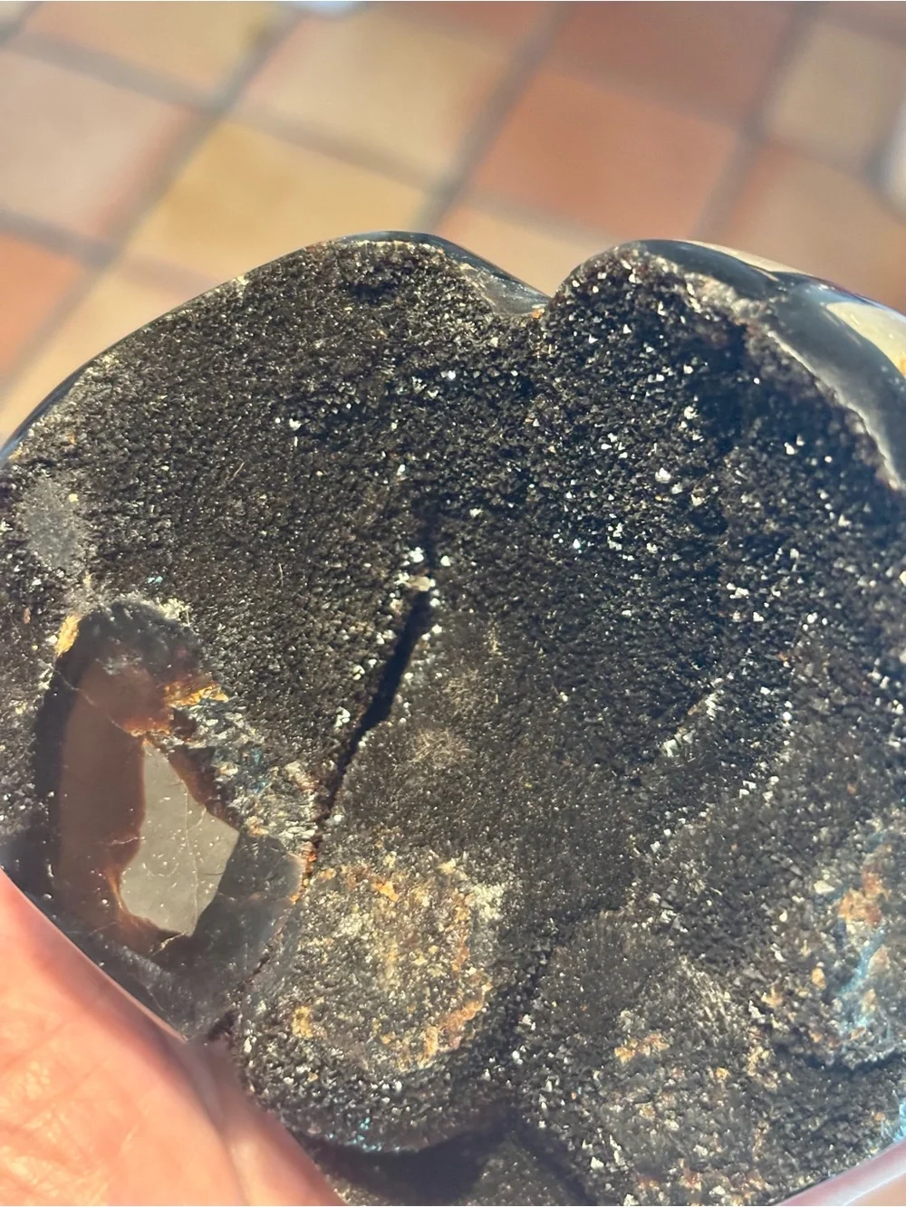 🐉 🖤 HUGE Black Septarian Crystal Heart w Druzy 900g (~2 lbs!)
